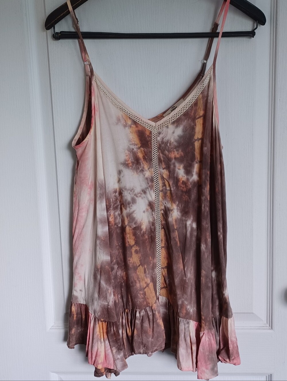 ENTRO BRAND BOHO-STYLE TIE-DYE TANK TOP W/CROCHET LACE PANELS JUNIORS LARGE